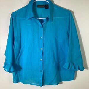 Womens Relativity Button Shirt‎ Sheer Cotton Blue Teal 3/4 Ruffle Sleeve M
